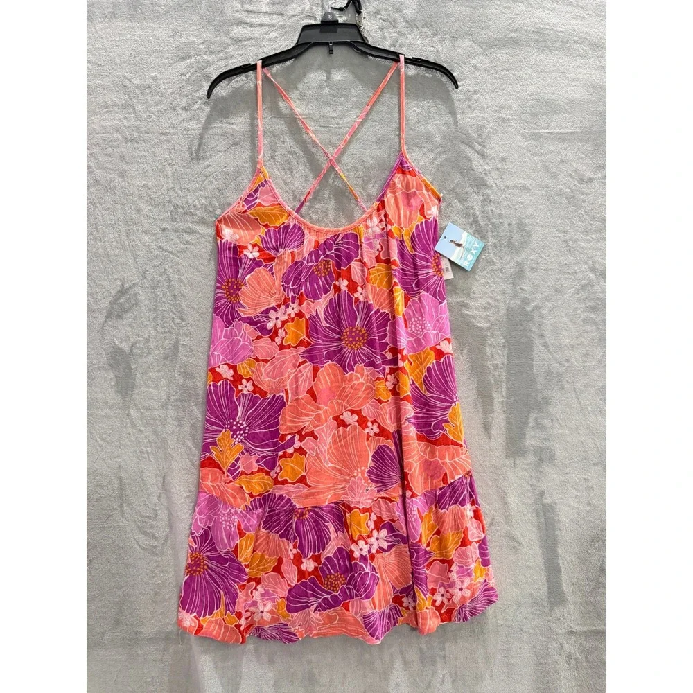 NWT Roxy Summer Flint Dress Women Pink Orange Floral Tropical Strappy Coverup XS